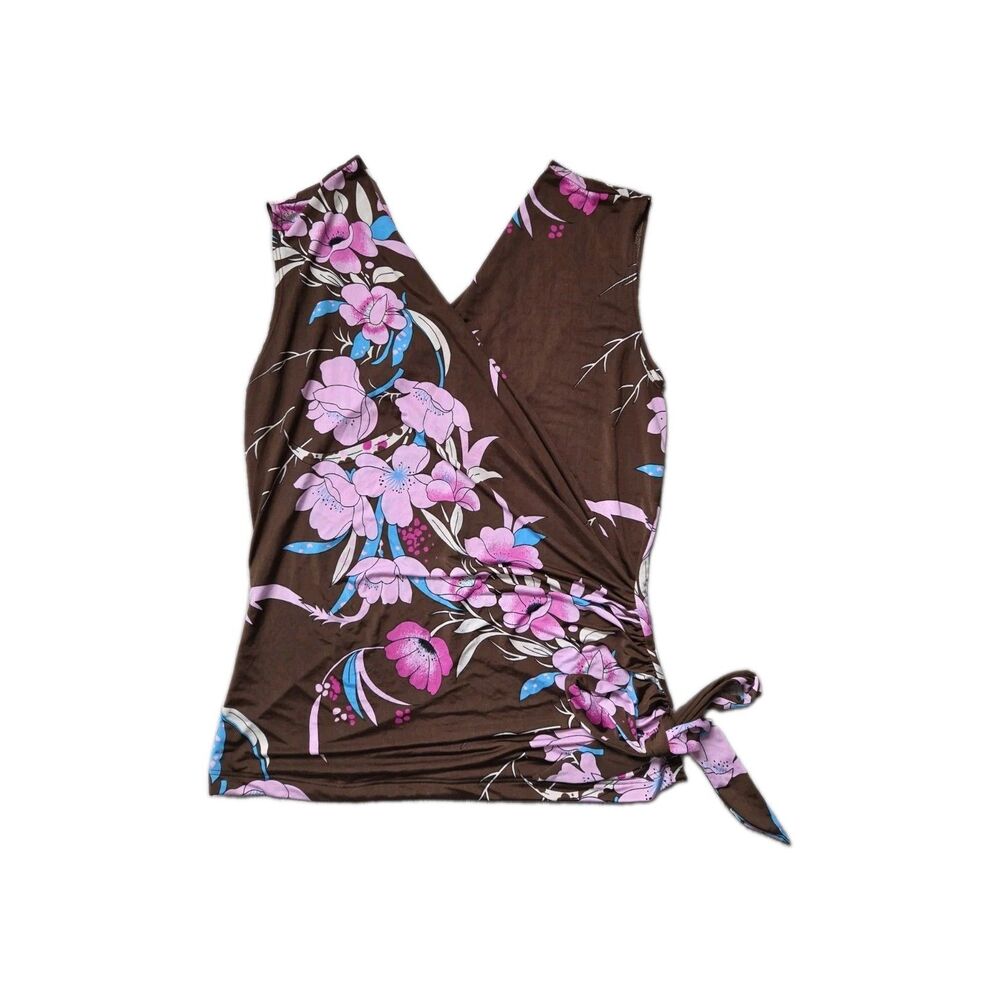 VTG Famosa Brown Pink Floral V Neck Blouse Side Tie Y2K Stretch Size L EUC